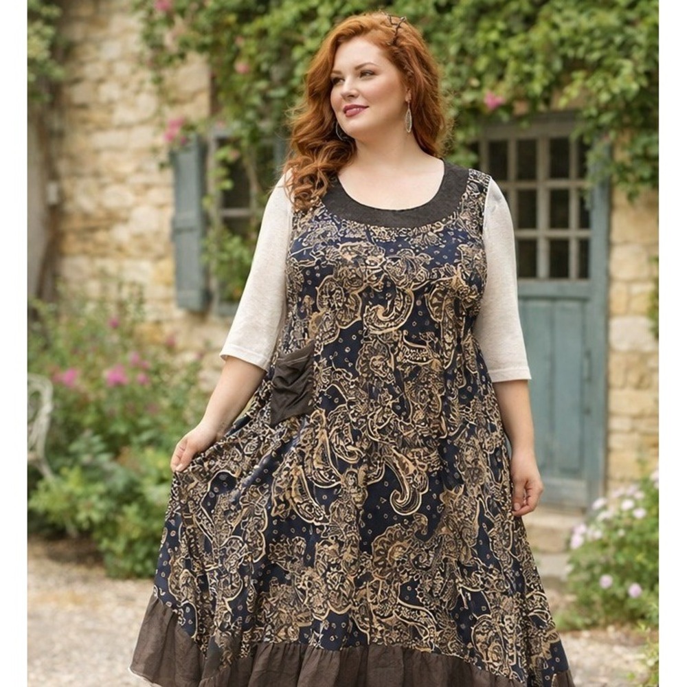 Simply Aster Firmiana Paisley Handkerchief‎ Midi Dress Navy 1X Artsy Whimsigoth